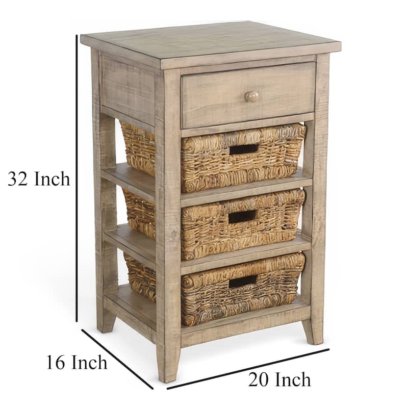 Rena End Table, 3 Natural Rattan Storage Baskets, 20 Inch Brown Wood
