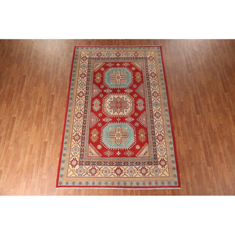 Geometric Kazak Living Room Area Rug Hand-Knotted Wool Carpet - 6'8" x 10'3"