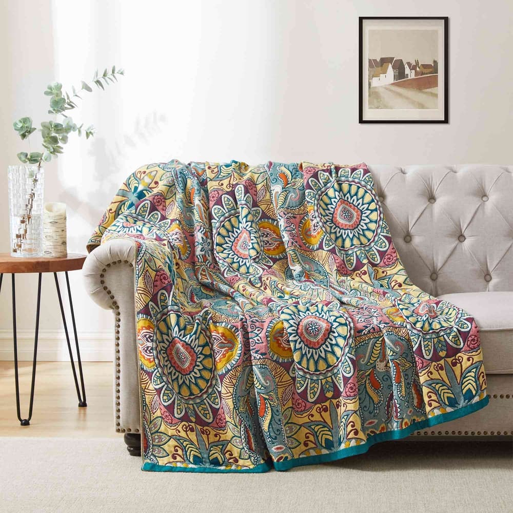 100% Cotton Boho Floral Thermal Breathable Jacquard Throw Blankets 60"x80"
