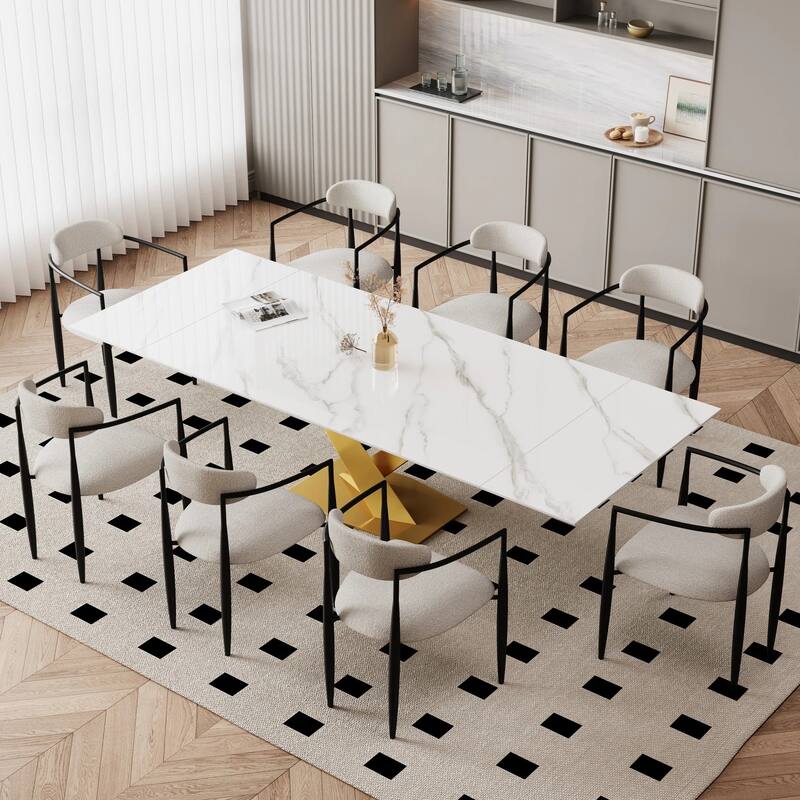 9 - Piece 94.48'' Modern Minimalist Extendable Sintered Stone Top Dining Set with 8 Fabric Chair - Himalayas White top/white&Black chair