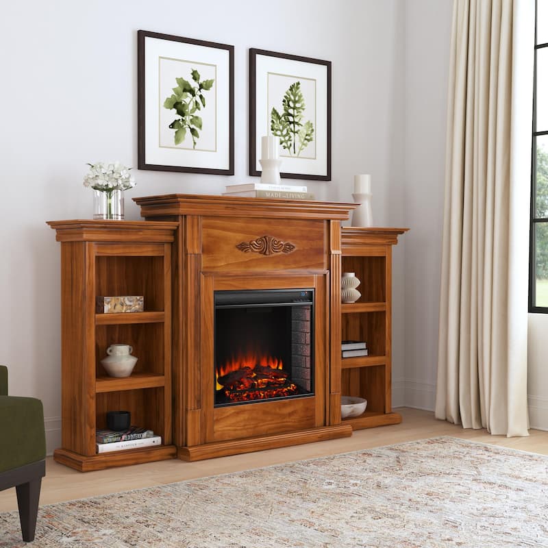 SEI Furniture Jennifer Electric Fireplace and Mantel with Bookshelves - Brick Accent Firebox