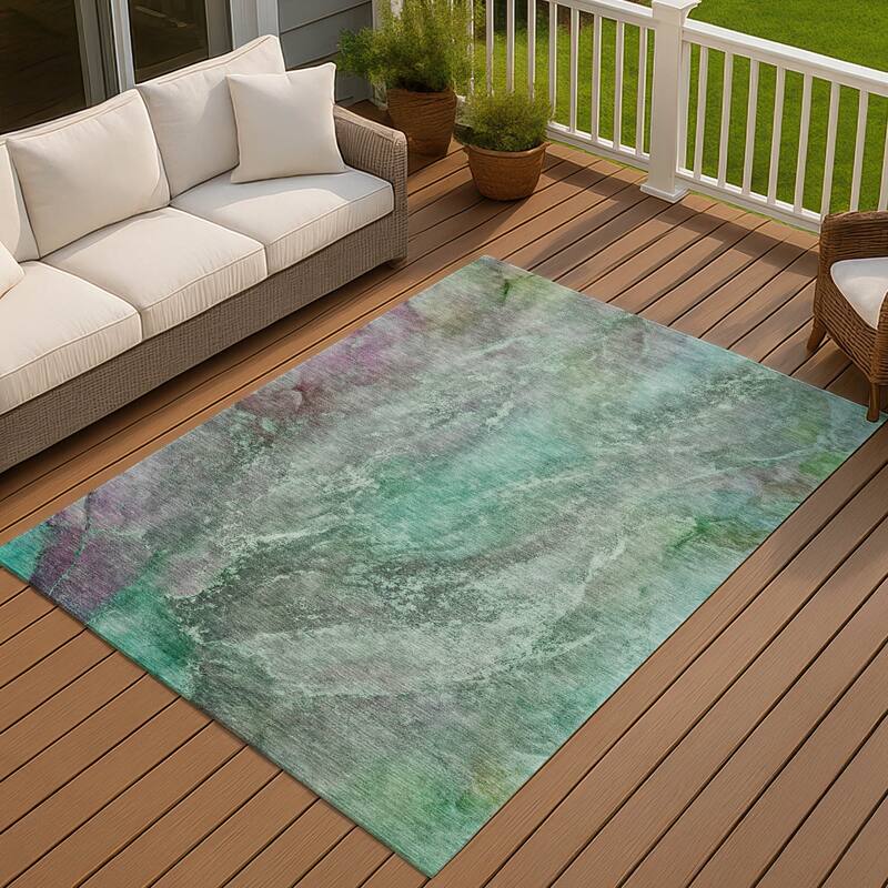 Machine Washable Indoor/ Outdoor Abstract Watercolor Chantille Rug - Teal - 9' x 12'