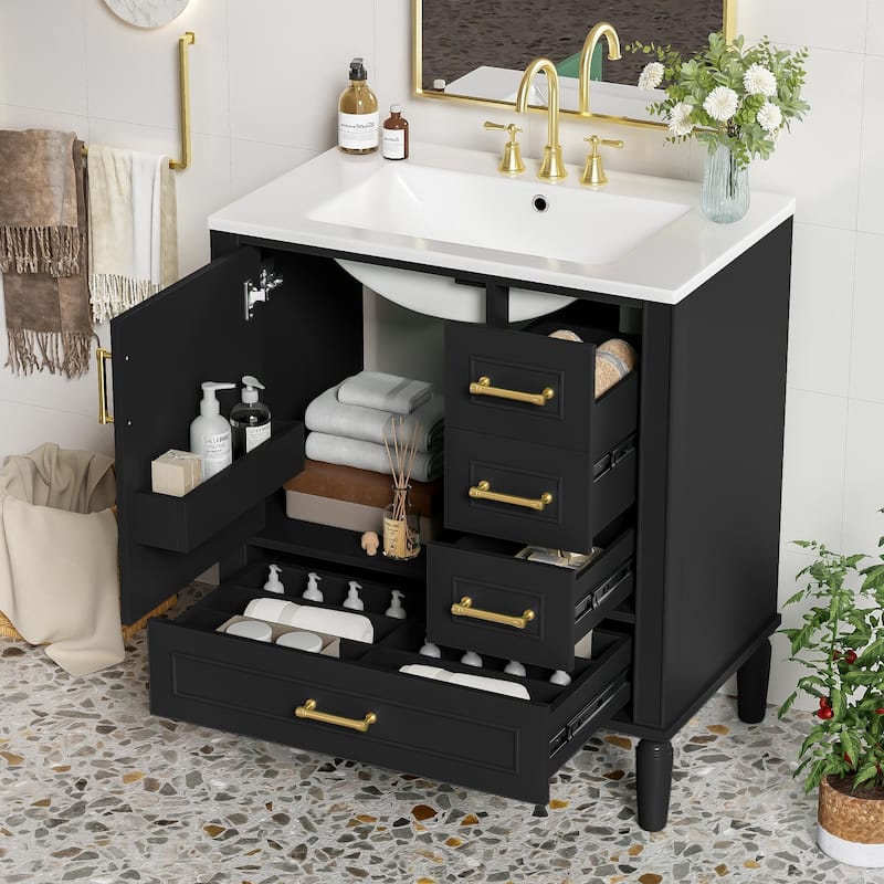 30" Bathroom Vanity with Ceramic Sink Combo, Soft-Close Door Bathroom Storage Cabinet with 3 Drawers