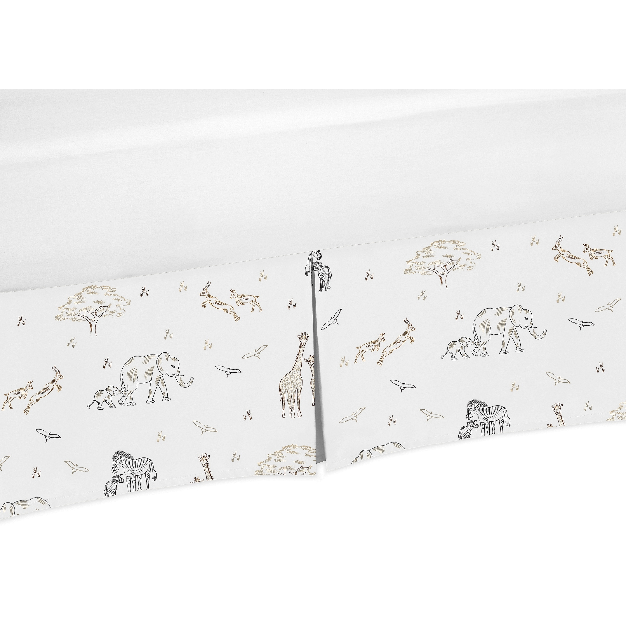 Jungle Safari Animals Crib Bed Skirt Brown Taupe Black and White Gender Neutral Elephant Giraffe Wildlife Adventure Serengeti