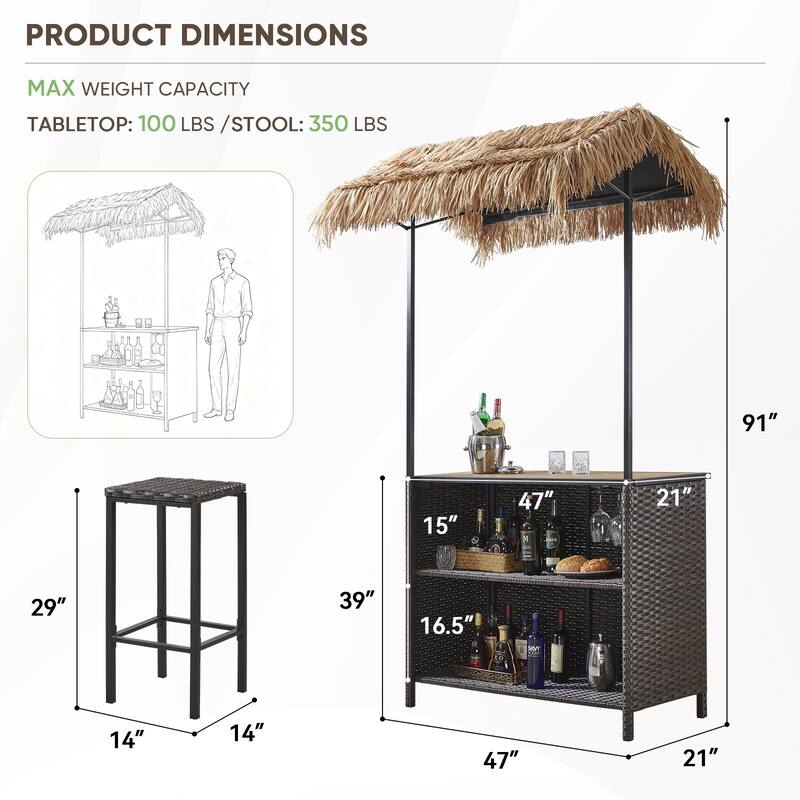 Pocassy Outdoor Patio Tiki Bar Set with 2 Stools Storage for Garden