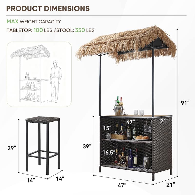 Pocassy Outdoor Tiki Bar Set with 2 Stools Storage for Garden