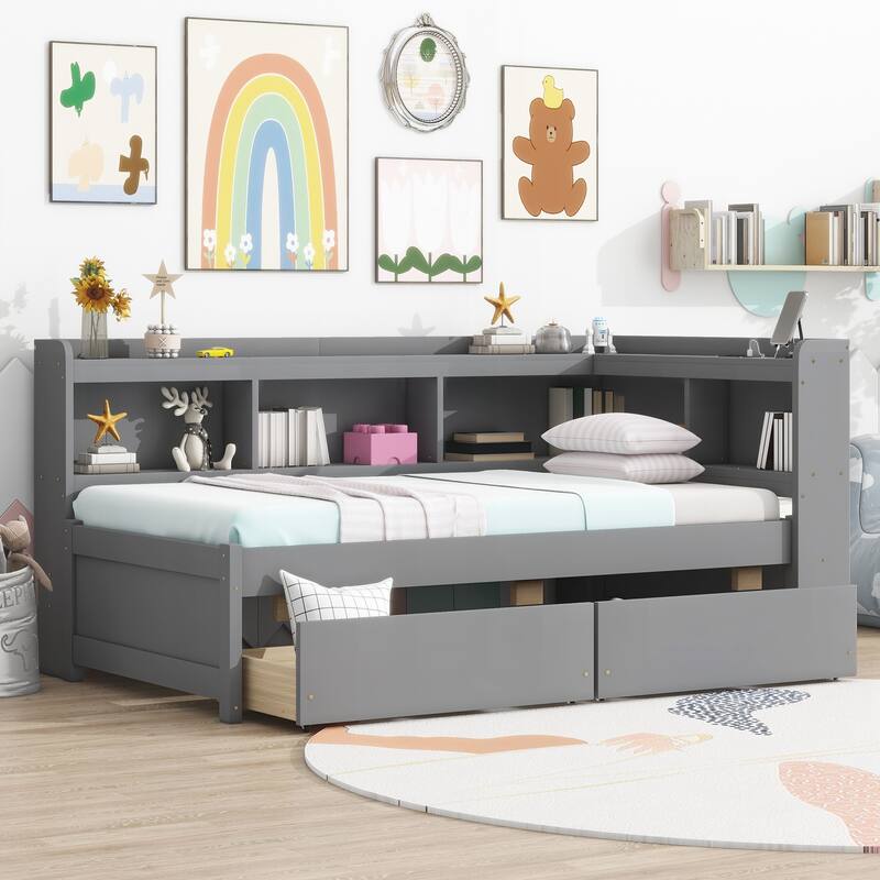 Twin Size L-shaped Bookcases Bed with Power Outlets, USB Charging Ports,Two Drawers - Grey