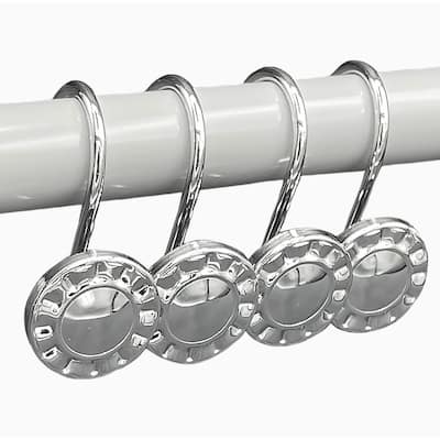 12 Piece Set - Chrome Button Heavy Duty Shower Curtain Hooks Rings Rustproof Metal