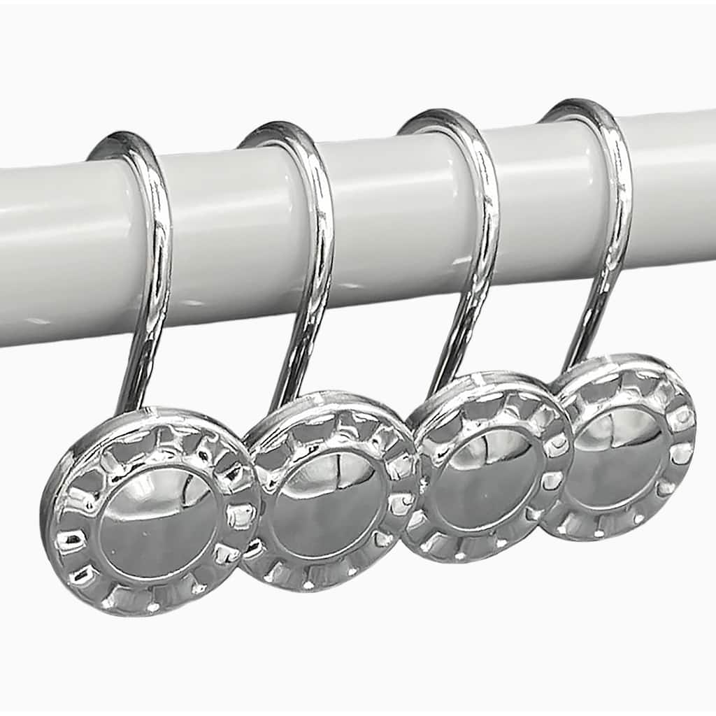 12 Piece Set - Chrome Button Heavy Duty Shower Curtain Hooks Rings Rustproof Metal