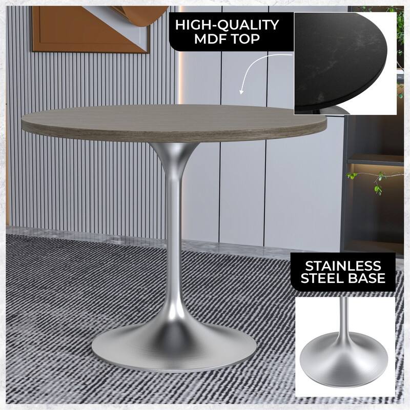 LeisureMod Verve 36" Round Dining Table with MDF Wood TableTop and Brushed Chrome Base for Kitchen & Dining Room