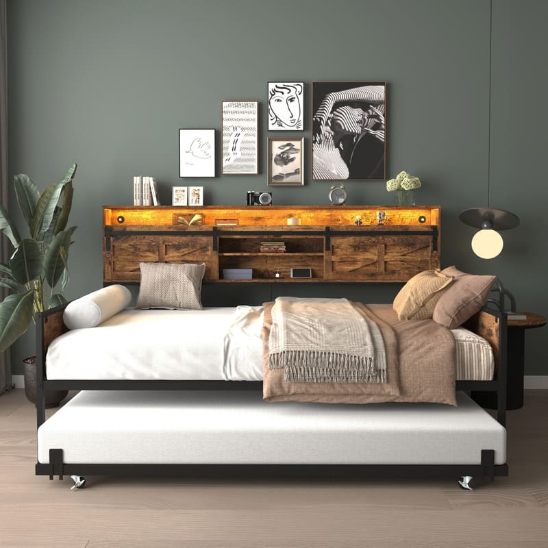 Twin Daybed with Trundle, Farmhouse Daybed Frame with Sliding Barn Door Headboard and Charging Station & LED Light for Bedroom