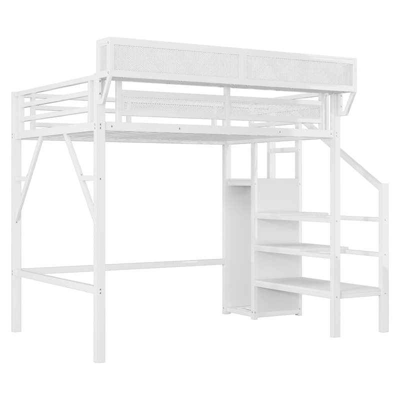 Metal Loft Bed with Wooden Stairs Built-in Storage Shelves and Wardrobe, High Loft Bed Frame with Side Grid Storage Rack