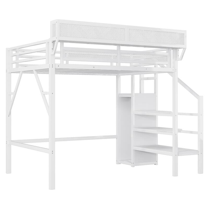 Twin XL Metal Loft Bed with Stairs, Full Size Loft Bed with Storage Shelves and Wardrobe for Kids and Teens