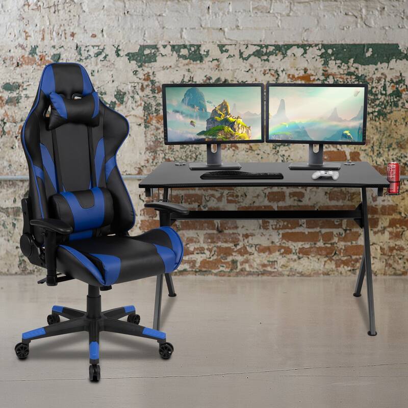 Gaming Bundle-Desk, Cup Holder/Headphone Hook & Reclining Chair - Blue