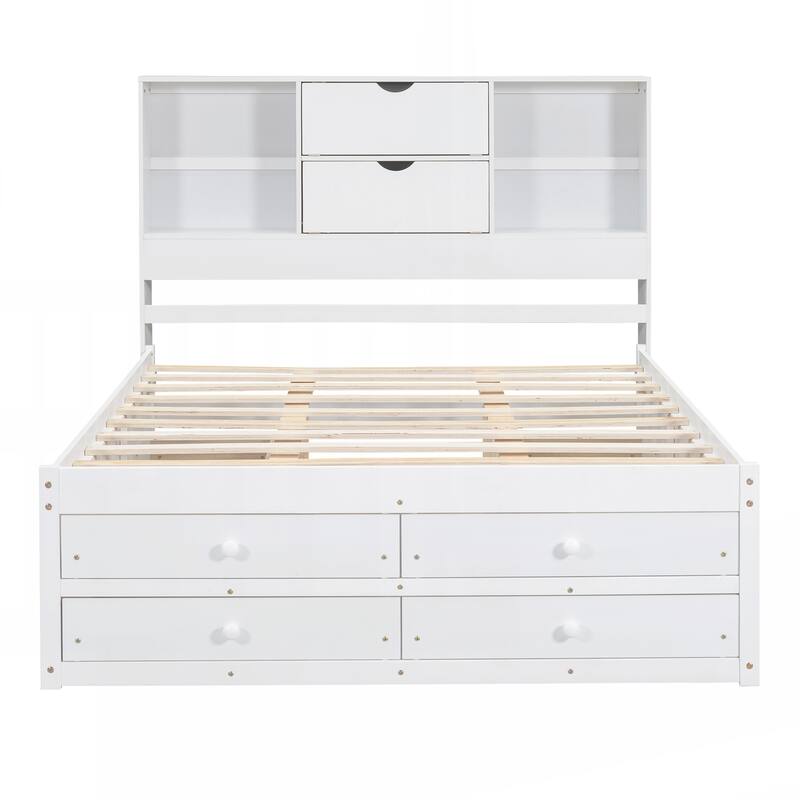 Queen Size Platform Bed with Storage Headboard and 8 Drawers
