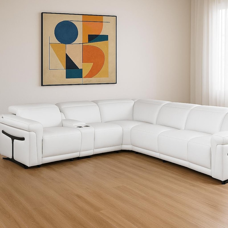HomeRoots White Italian Leather Modular L Shaped Seven Piece Corner Sectional With Console - Reversible - White