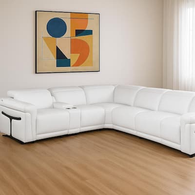 HomeRoots White Italian Leather Modular L Shaped Seven Piece Corner Sectional With Console