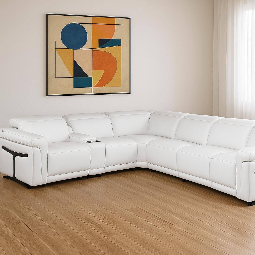 HomeRoots White Italian Leather Modular L Shaped Seven Piece Corner Sectional With Console