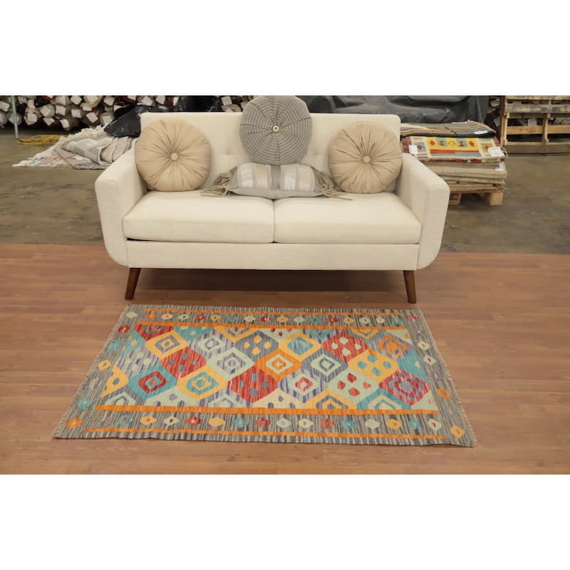 Hand Woven Oriental 100% Wool Carpet Southwestern Tribal Multi-Colored Kilim Area Rug - 4' 8'' X 3' 3''