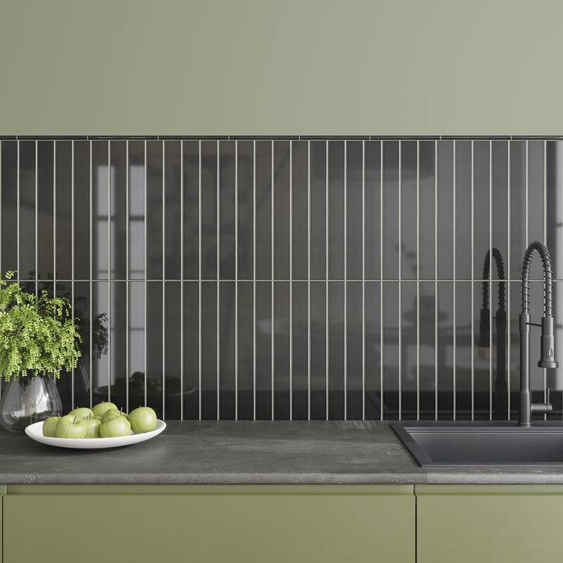 Apollo tile 2" x 16" Horizonte Glossy Jet Black Ceramic Tile (10.76 sq ft/case) - 50 Pack - Black
