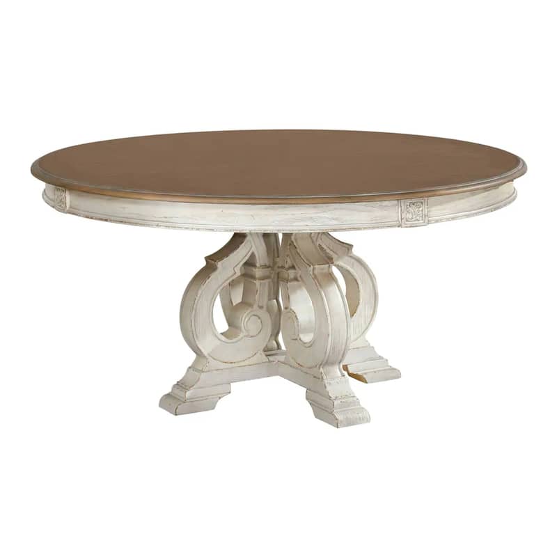 Dual Tone Round Wooden Dining Table with Pedestal Base, Antique White