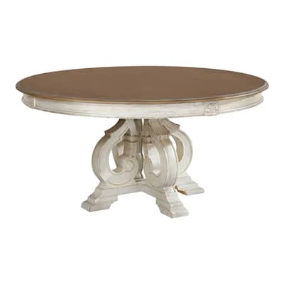 Dual Tone Round Wooden Dining Table with Pedestal Base, Antique White