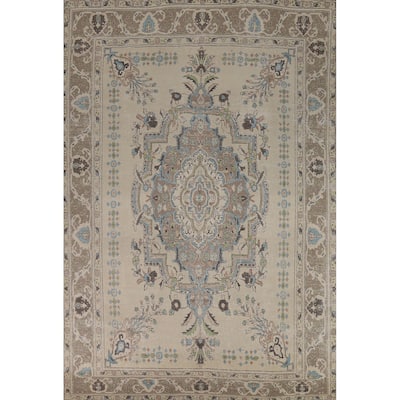 Floral Medallion Tabriz Persian Rug Hand-Knotted Beige Wool Carpet - 8'0"x 11'5"