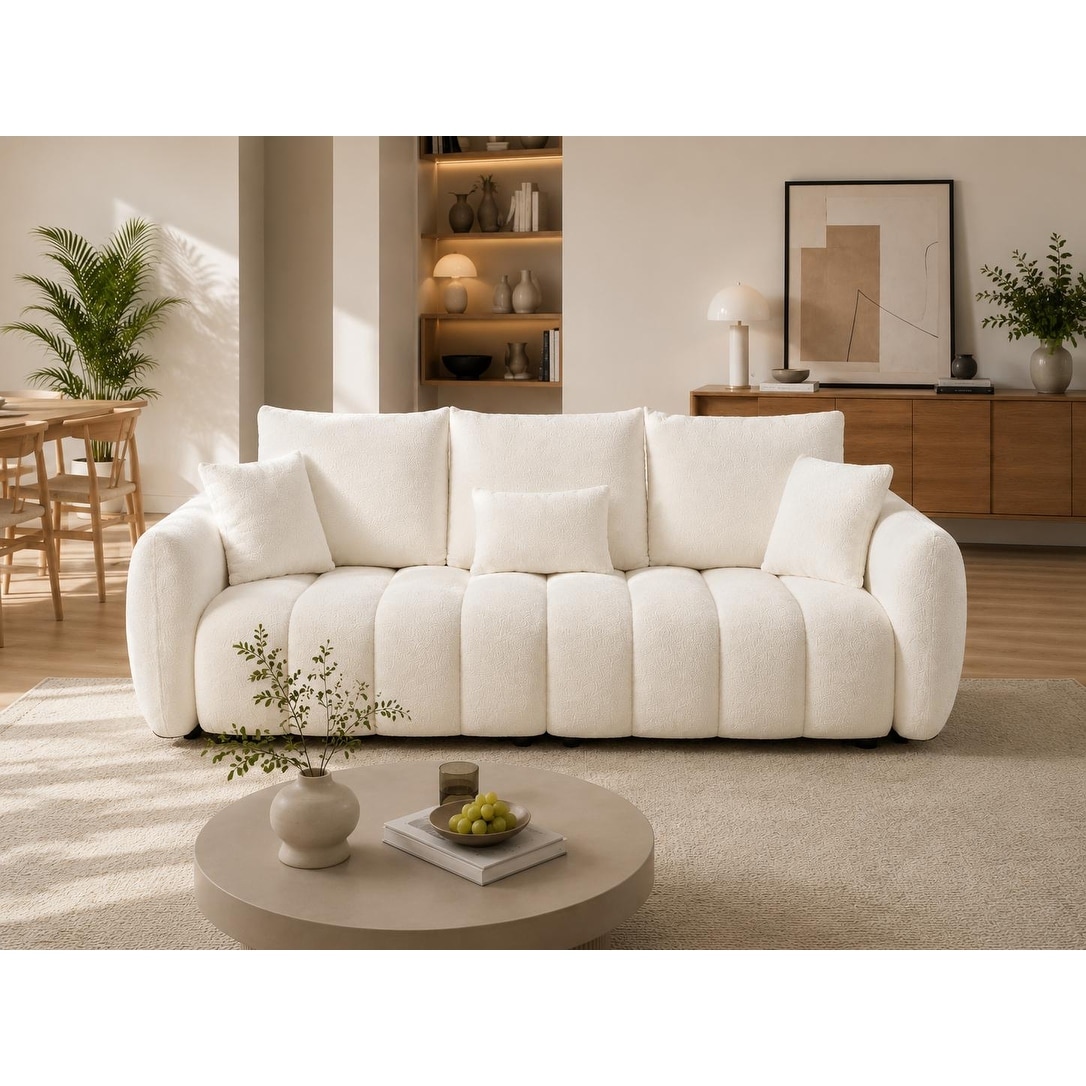 Homy Casa 79.5" Teddy Fabric 3-Seater Sofa with 3 Pillows, Oversized Deep Seat Couch for Living Room, Bedroom & Apartment