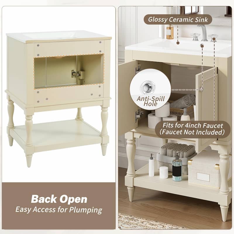 24" Modern Luxury Bathroom Vanity with Ceramic Sink, Freestanding Cabinet with Open Shelf and Enclosed Storage