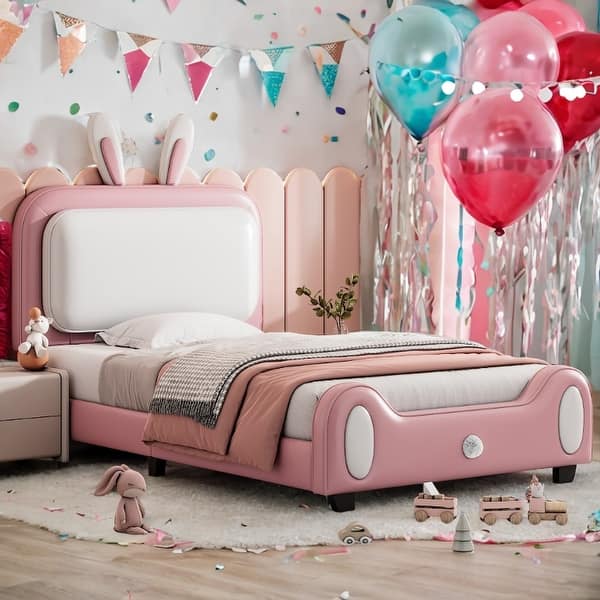slide 2 of 7, Twin Size Upholstered Rabbit-Shape Princess Bed with Headboard and Footboard, White+Pink White