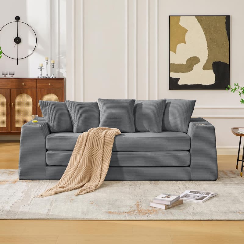 2-in-1 Convertible Corduroy Sofa Bed Folding Sleeper Loveseat Couch Full Floor Bed with Pillows, Storage Pockets and Cup Holders