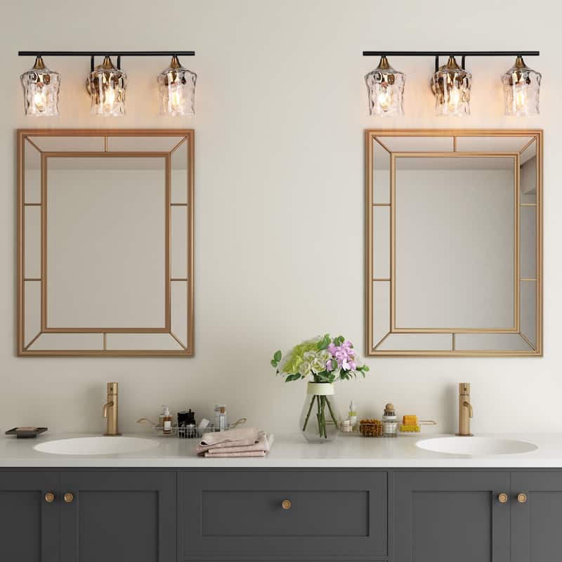 3-Light Modern Bathroom Vanity Light Dimmable Black Gold Glass Wall Sconce - 20" L x 7" W x 7" H