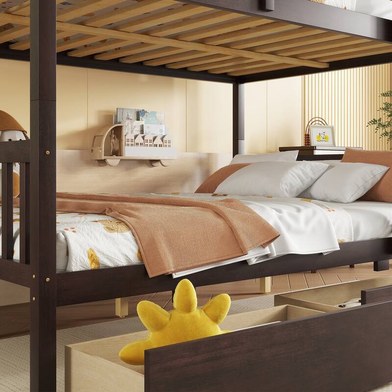 Full Over full Rubber Wood Bunk Bed with 2 Drawers, into 2 full Beds, full Size Bunk Bed with Ladder and Safety Guardrails