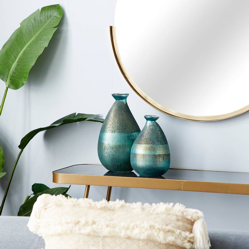 Stylish Glass Blown Vase (Set of 2) - Gold or Green - Green - 9", 12"H