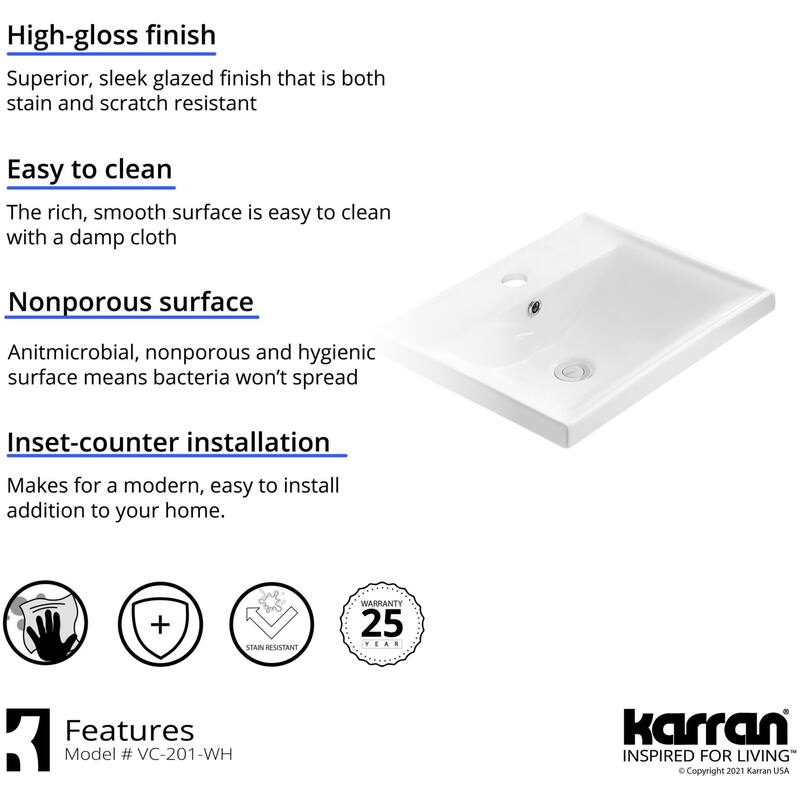 Karran USA VC-201 Valera 20-3/8" Rectangular Vitreous China Drop In
