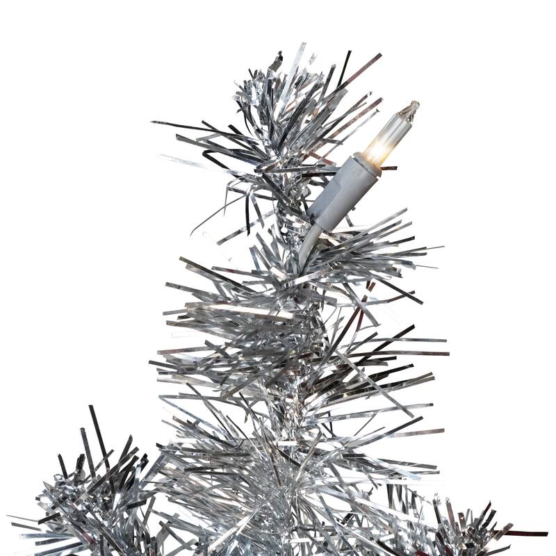 Pre-Lit Artificial Tinsel Christmas Tree - Silver - 7' - Clear Lights - 7 Foot