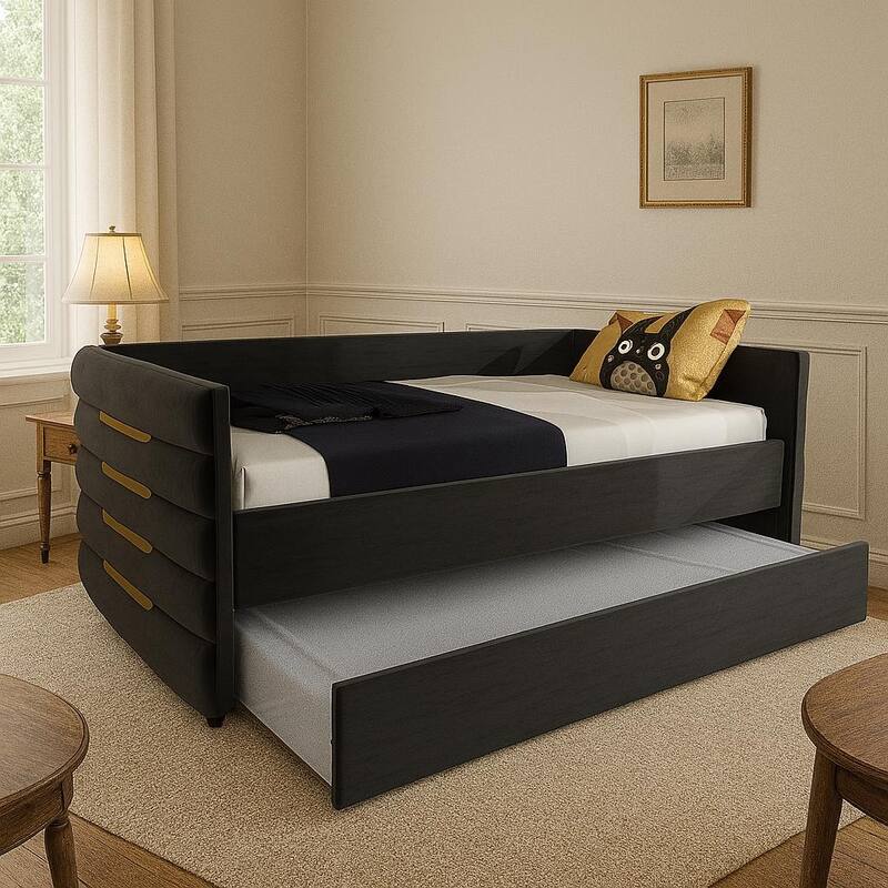 Modern Twin Size Daybed with Trundle, Upholstered Black Velvet Sofa Bed Frame with Gold Accents, Space-Saving Guest Bed