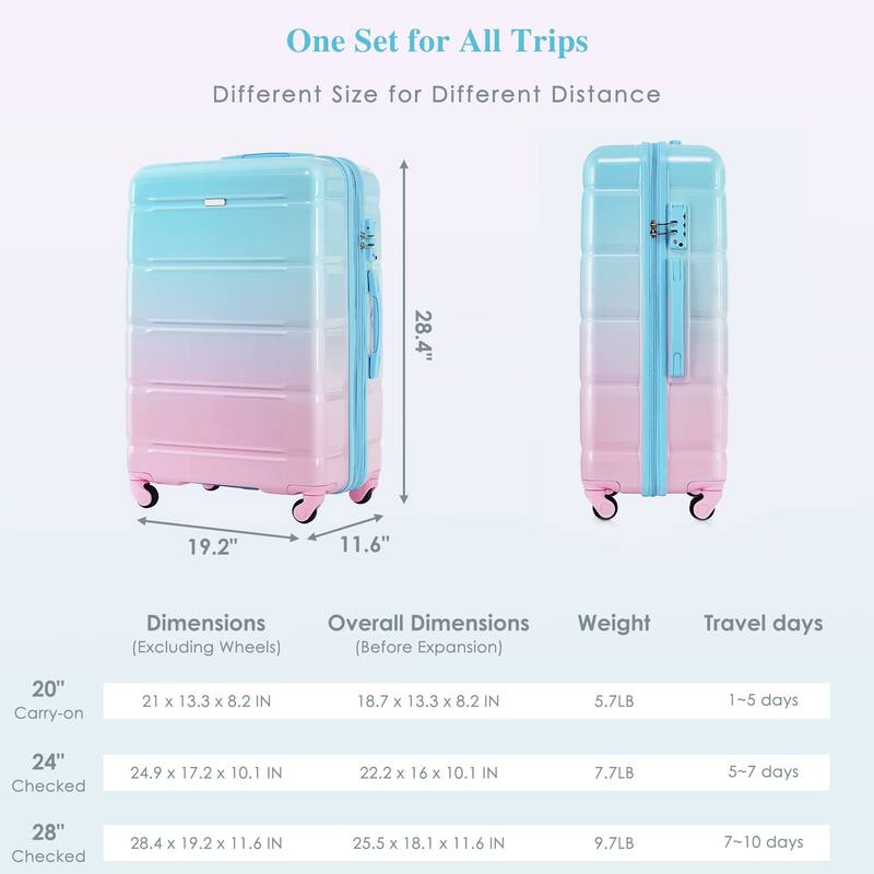 3-Piece, 20-Inch Modern Hard Shell Luggage with USB Port and Spinner Wheels, for Boarding Travel, Blue+Pink