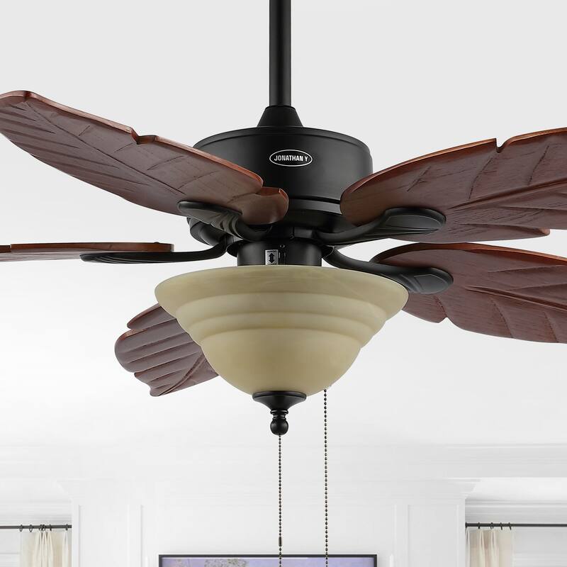 Owen 52" 3-Light Coastal Bohemian Iron/Wood Palm Leaf LED Ceiling Fan with Pull Chain, by JONATHAN Y