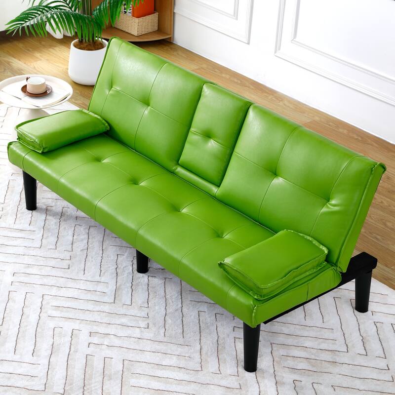 The 67-inch black PVC multi-functional sofa bed with a foldable and cup holder design
