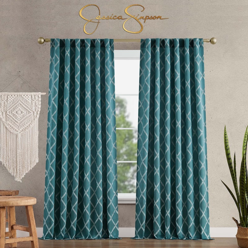 Jessica Simpson Lynee Textured Diamond Patterned Blackout Back-Tab Window Curtain Panel Pair with Tiebacks - 104 x 96 - Teal