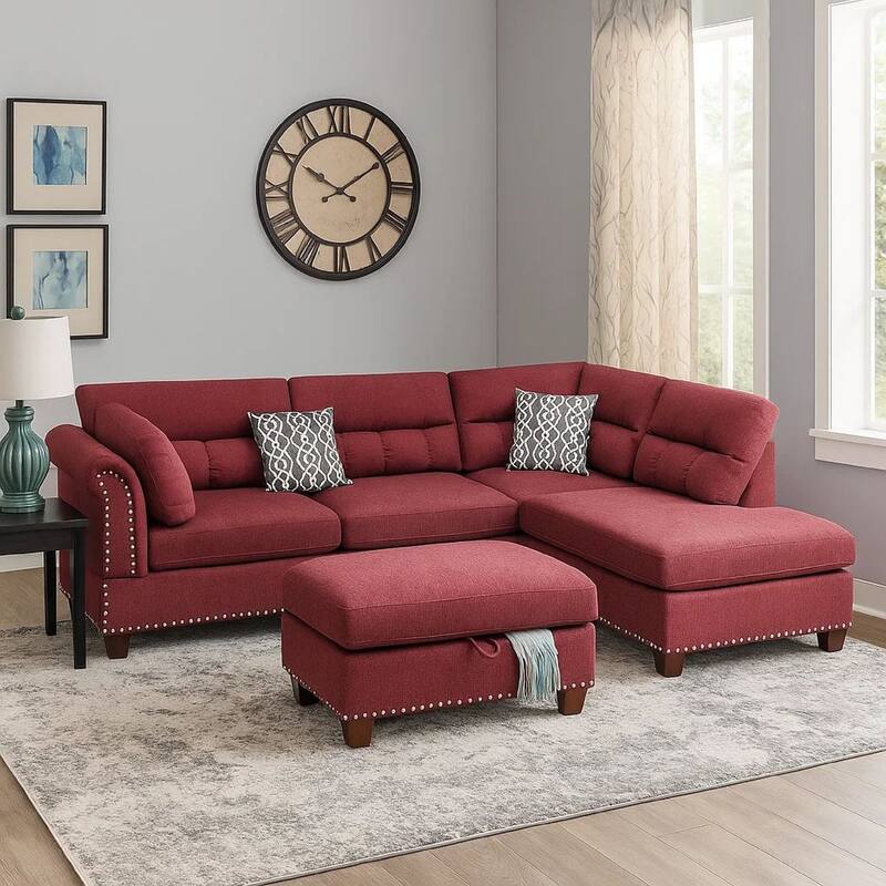 3 Piece Sectional Sofa with Reversible Chaise and Ottoman, Red