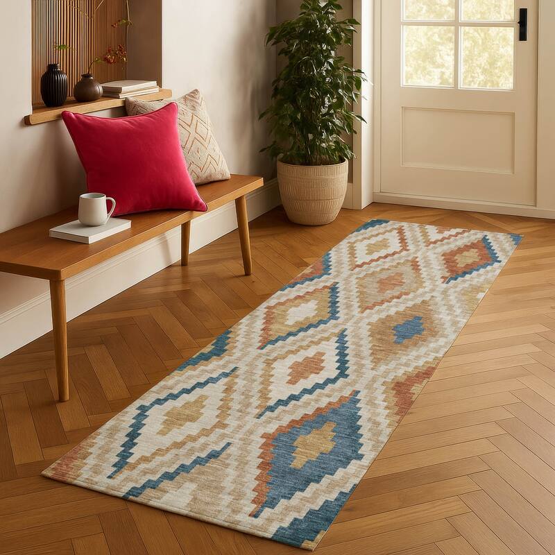 Machine Washable Indoor/ Outdoor Global Geo Chantille Rug