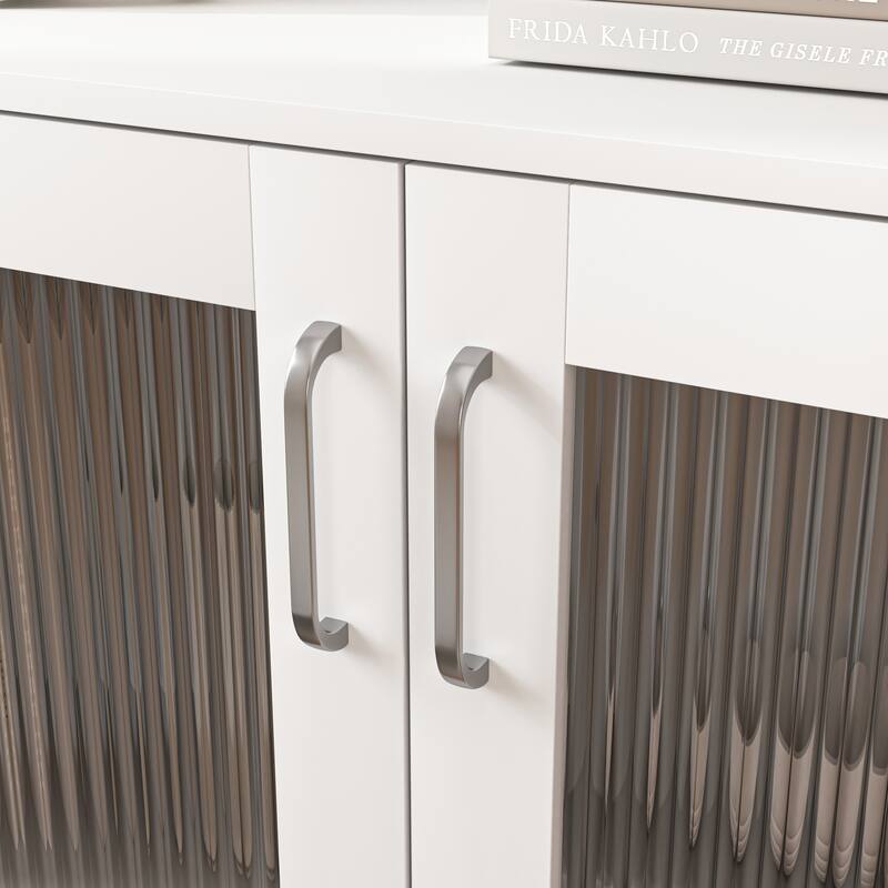 Anmytek Fluted Glass Double Door Cabinet White Modern Cabinet Storage Sideboard with Tapered Legs