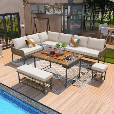 6-Piece Outdoor Sectional Sofa Set with Acacia Wood Table,Ice Box and Rope Benches