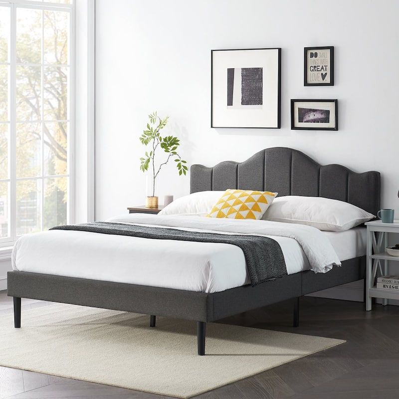VECELO Modern Upholstered Platform Bed with Adjustable Headboard, Dark Blue/ White/ Grey/ Beige Bed Frames
