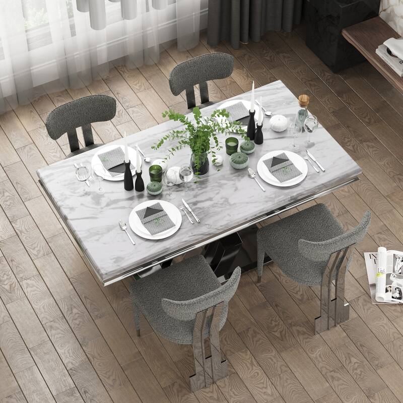 Glam Silver Dining Table Set with 64 inch Dining Table and Black Button Tufted Velvet Dining Chairs