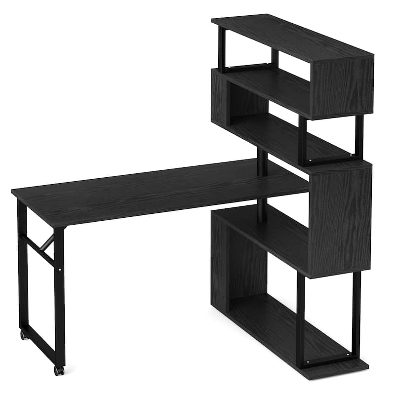 Brown/ Black Rotating L-Shaped Computer Desk, Corner Home Office Desk with Storage Shelf