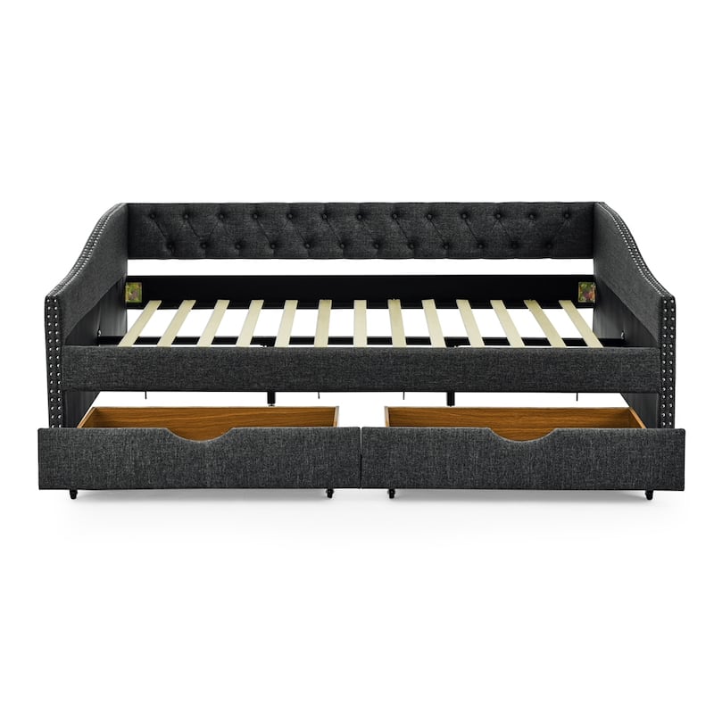 Queen Size Upholstered Tufted Daybed with Drawers and Copper Nail