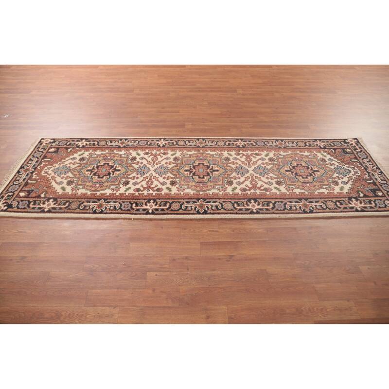 Geometric Beige Heriz Serapi Runner Rug Hand-Knotted Wool Carpet - 2'7"x 7'11"